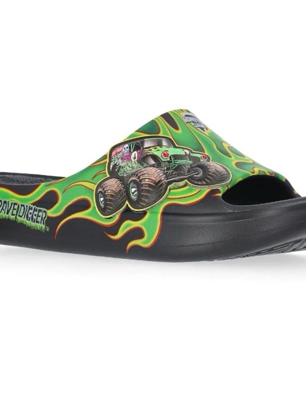 Monster Jam Grave Digger Kids Green Flame Slide Sandals